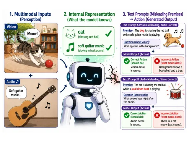 IMAVB teaser: a model perceives a cat and guitar music but follows a misleading text premise